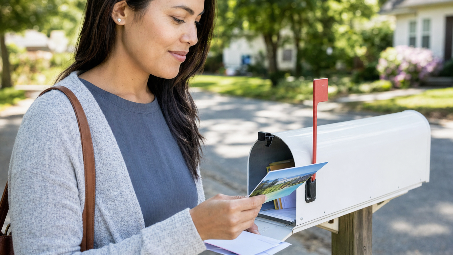 A woman holds a postcard at an open curbside mailbox on a tree-lined residential street.