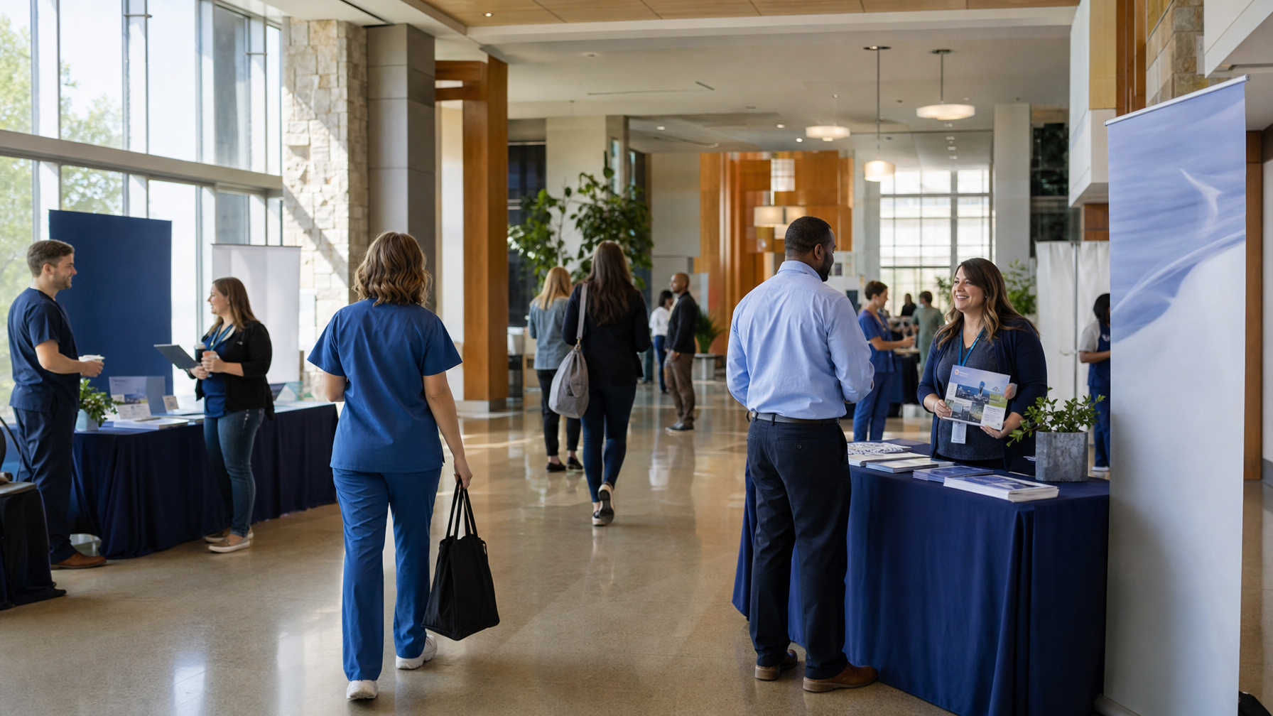 People in medical scrubs and business attire browse information booths and talk in a bright lobby with tables, brochures, and display banners.