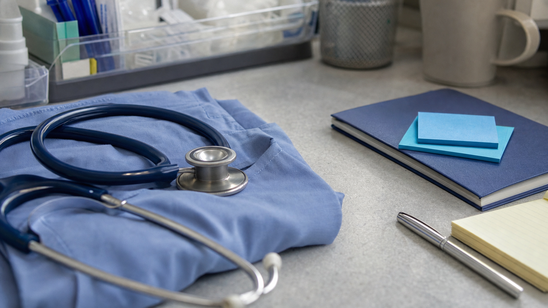 A stethoscope rests on blue medical clothing beside notebooks, sticky notes, and a pen on a desk.