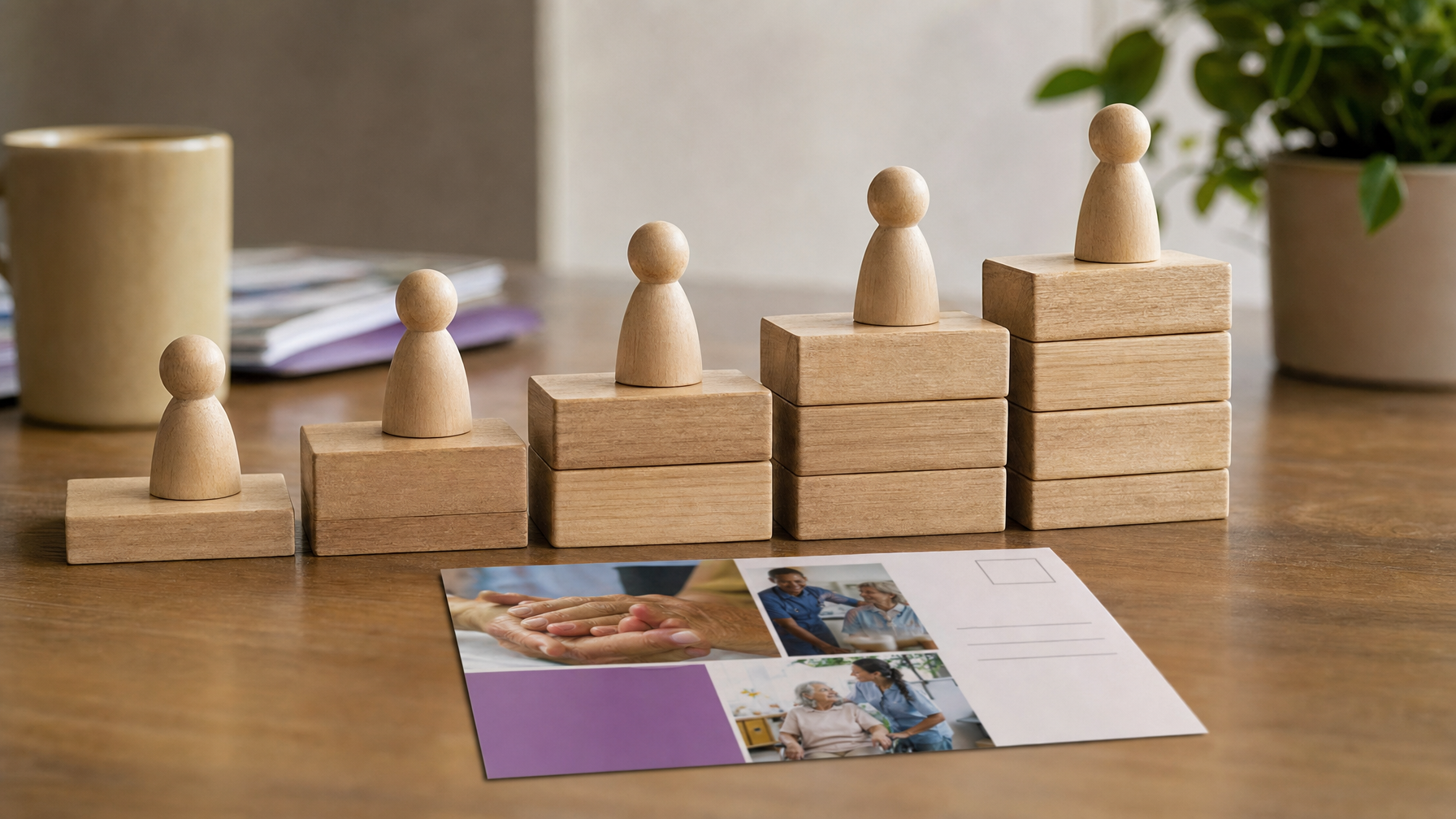 Five wooden figures stand on ascending blocks beside a postcard featuring caregiving scenes, on a wooden tabletop with a plant and books in the background.