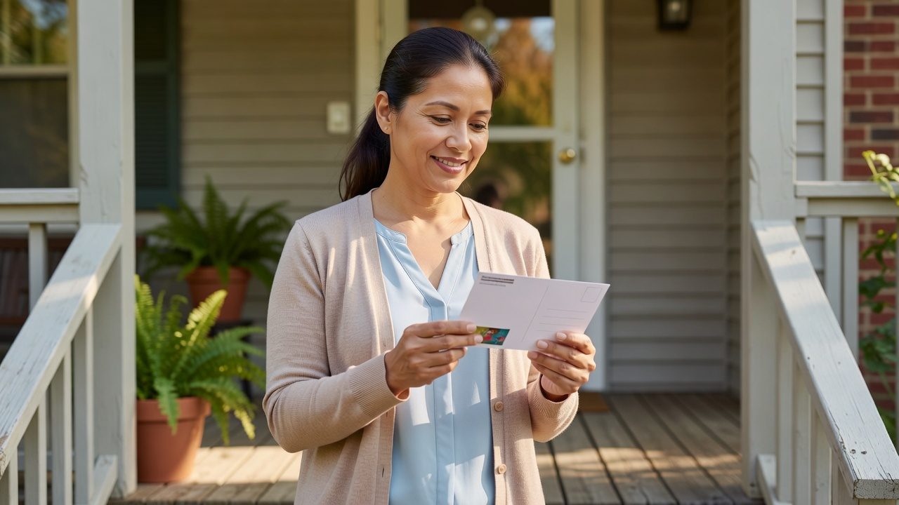 A woman smiles while holding a postcard on the porch of a house.