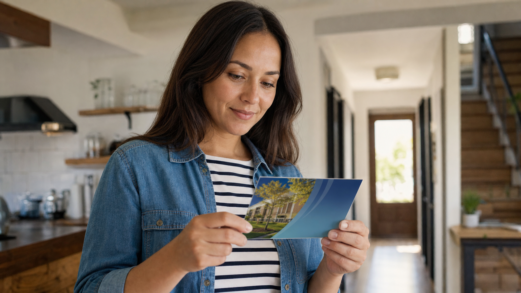 A person reads a blue brochure featuring a school building while standing in a bright home interior.