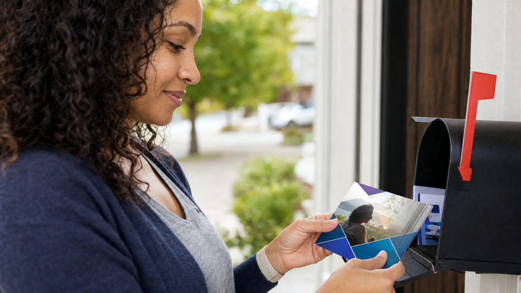 A person holds an opened colorful brochure beside a black curbside mailbox at a front door, with a leafy residential street in the background.