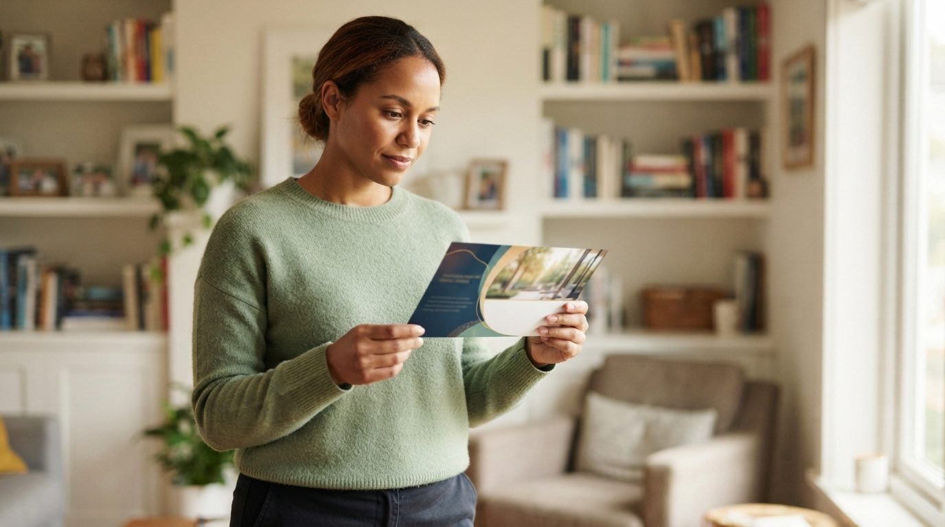 A person reads an open brochure in a warmly lit living room with bookshelves, a plant, and a chair in the background.