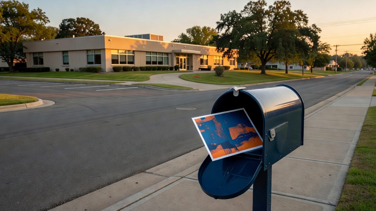 A blue curbside mailbox holds an illustrated postcard beside a quiet street and low office building at sunset.