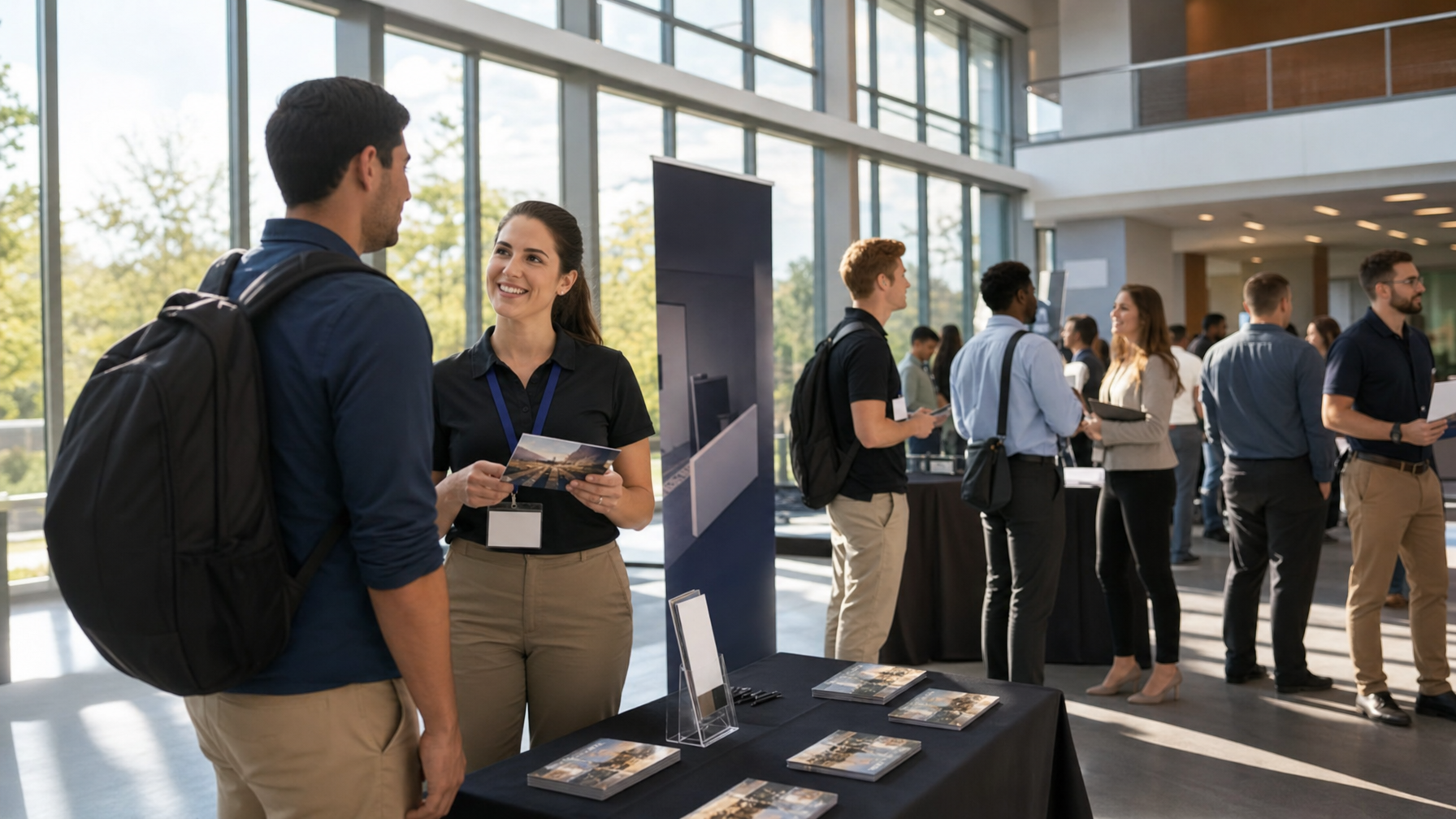 People speak with attendees at a brochure table during a busy event in a bright, glass-walled lobby.