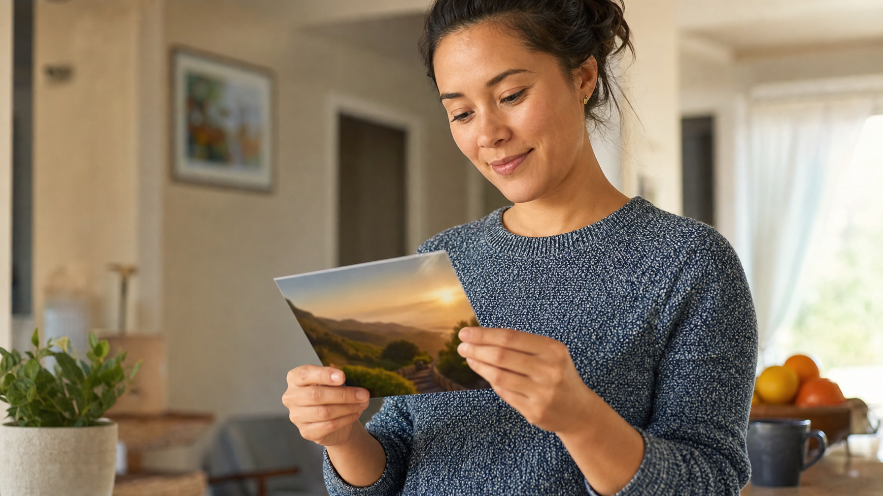 A woman examines a landscape postcard while standing in a warmly lit home interior.
