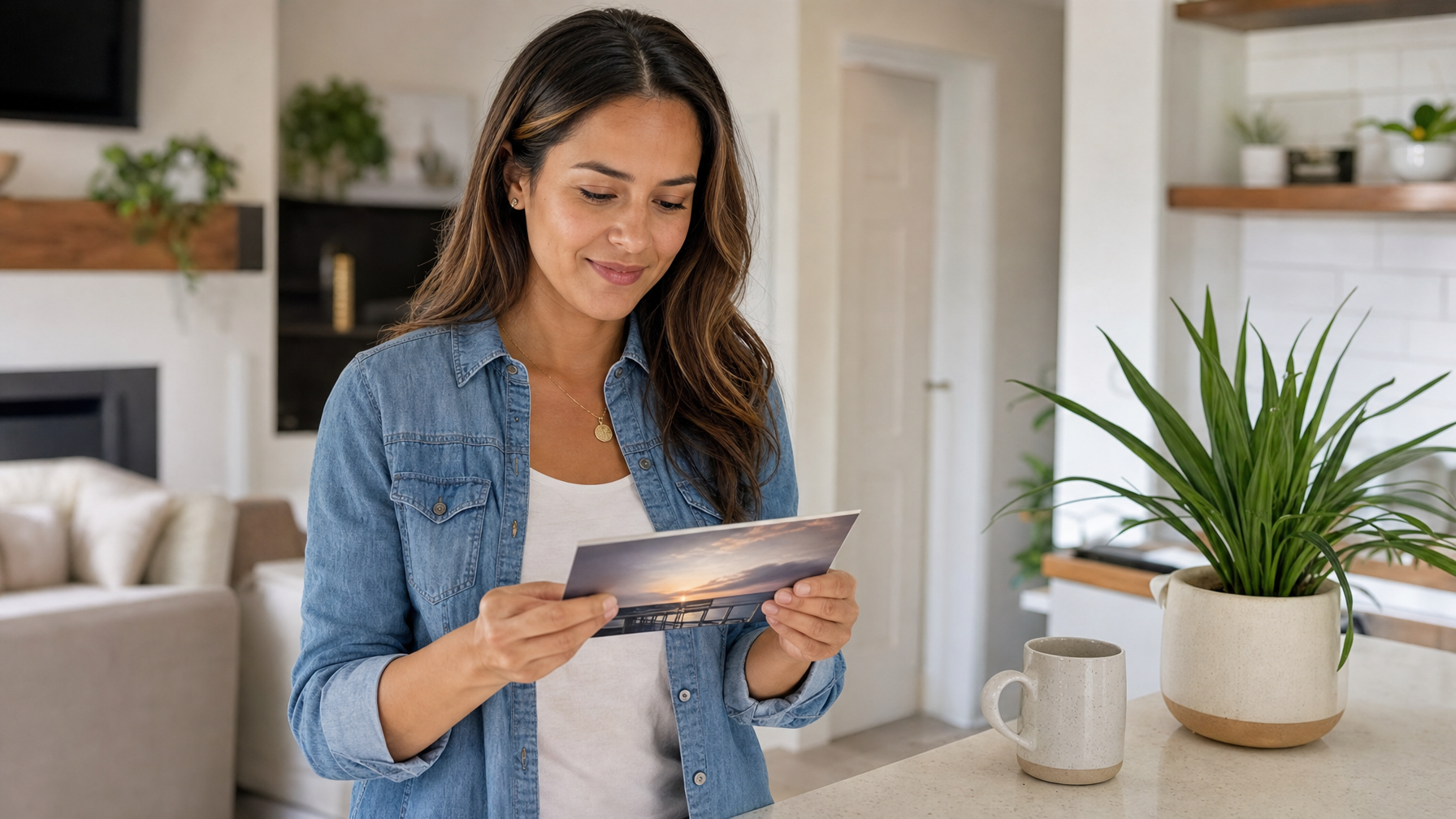 A woman examines a postcard at a kitchen counter in a bright home, with a mug and potted plant nearby.