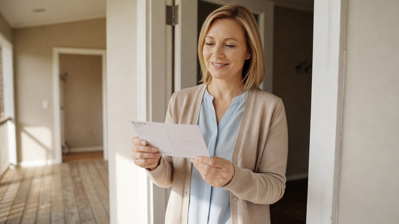 A woman smiles while reading a postcard in the doorway of a sunlit home.