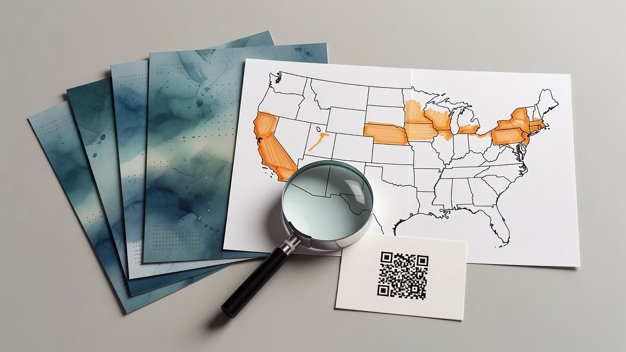 A magnifying glass rests over a U.S. map with several states highlighted in orange, beside patterned cards and a QR-code card on a tabletop.