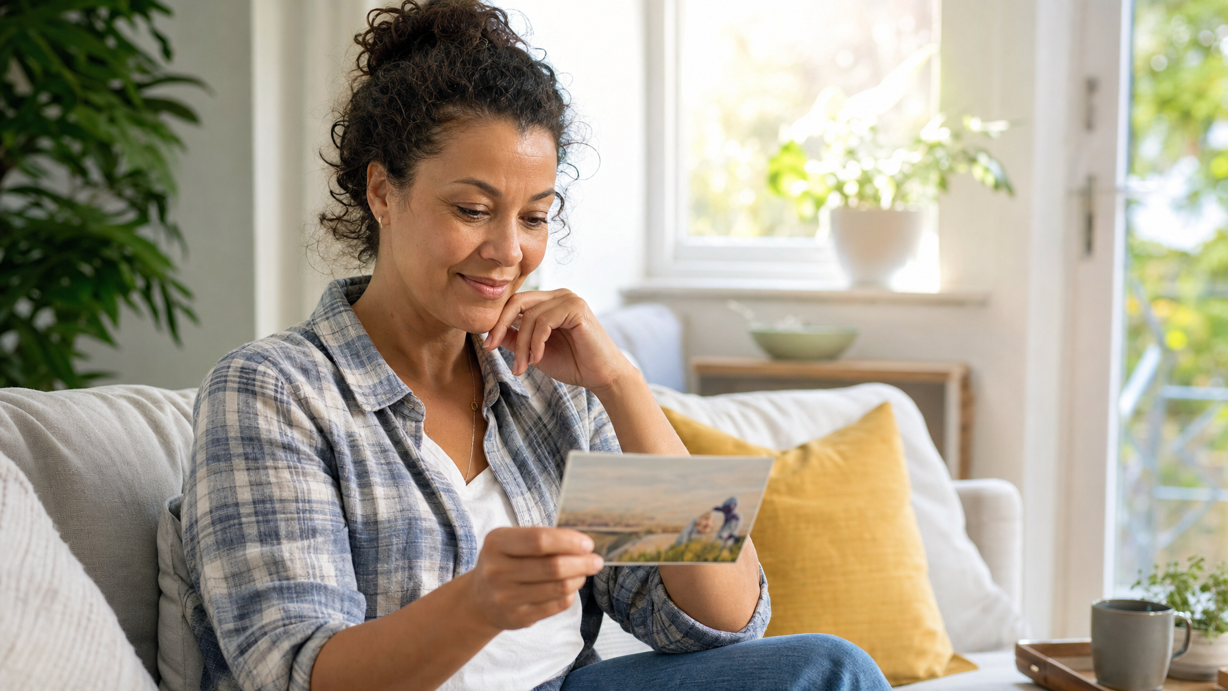 A person sits on a sofa in a bright living room, looking at a postcard held in one hand.