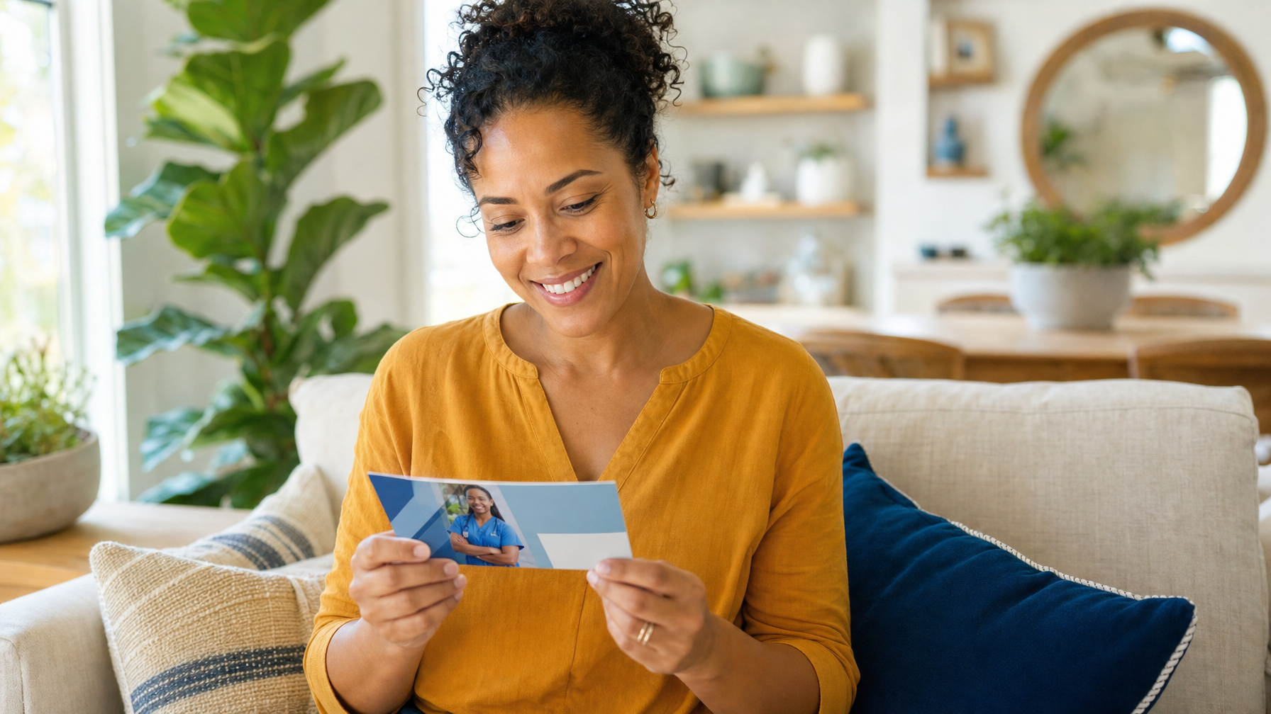 A smiling person holds a postcard featuring someone in blue work clothing while seated on a sofa in a bright living room.