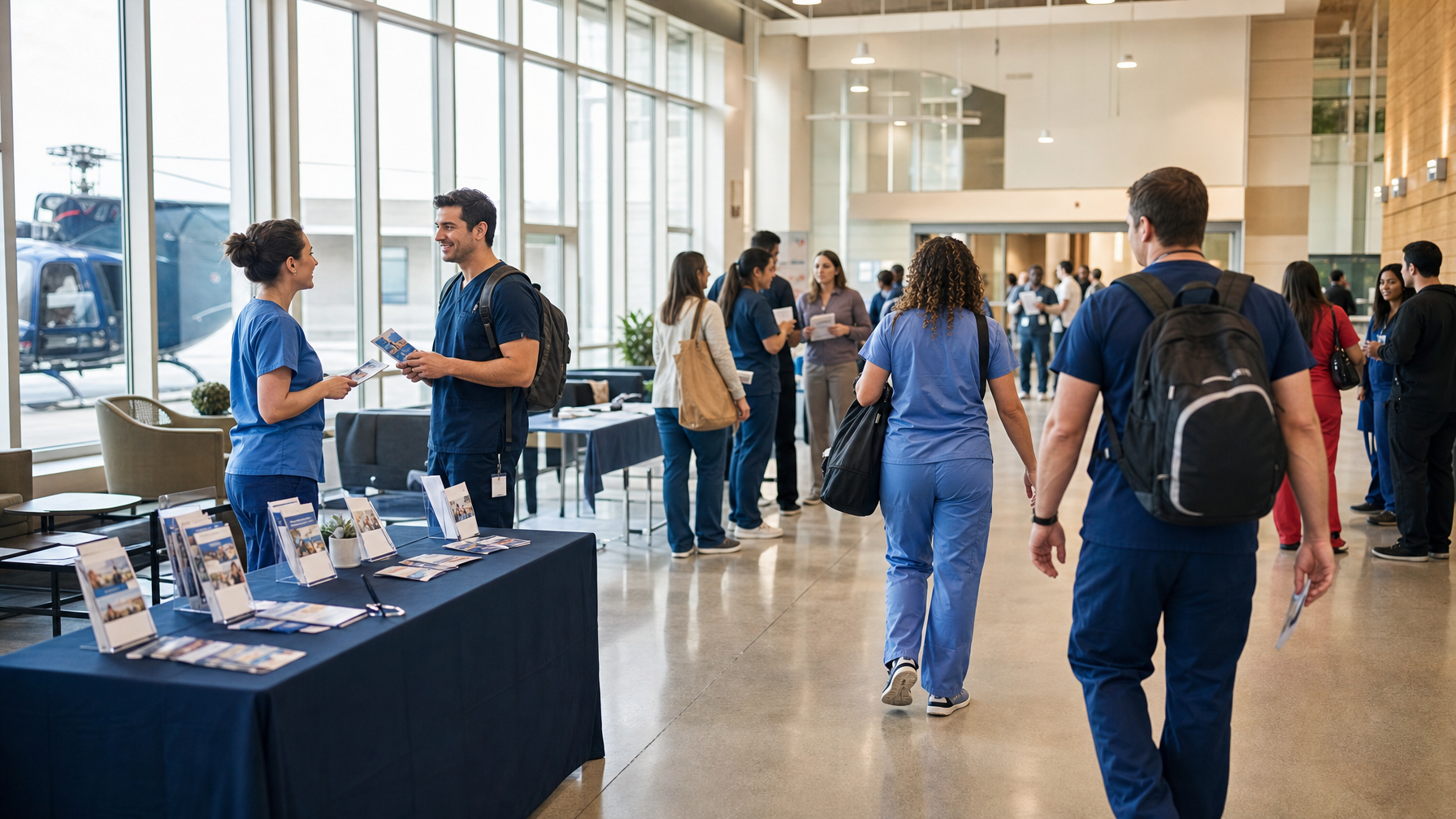 Healthcare workers in scrubs exchange brochures at a recruitment table in a bright hospital lobby, with more people nearby and a helicopter visible through the windows.