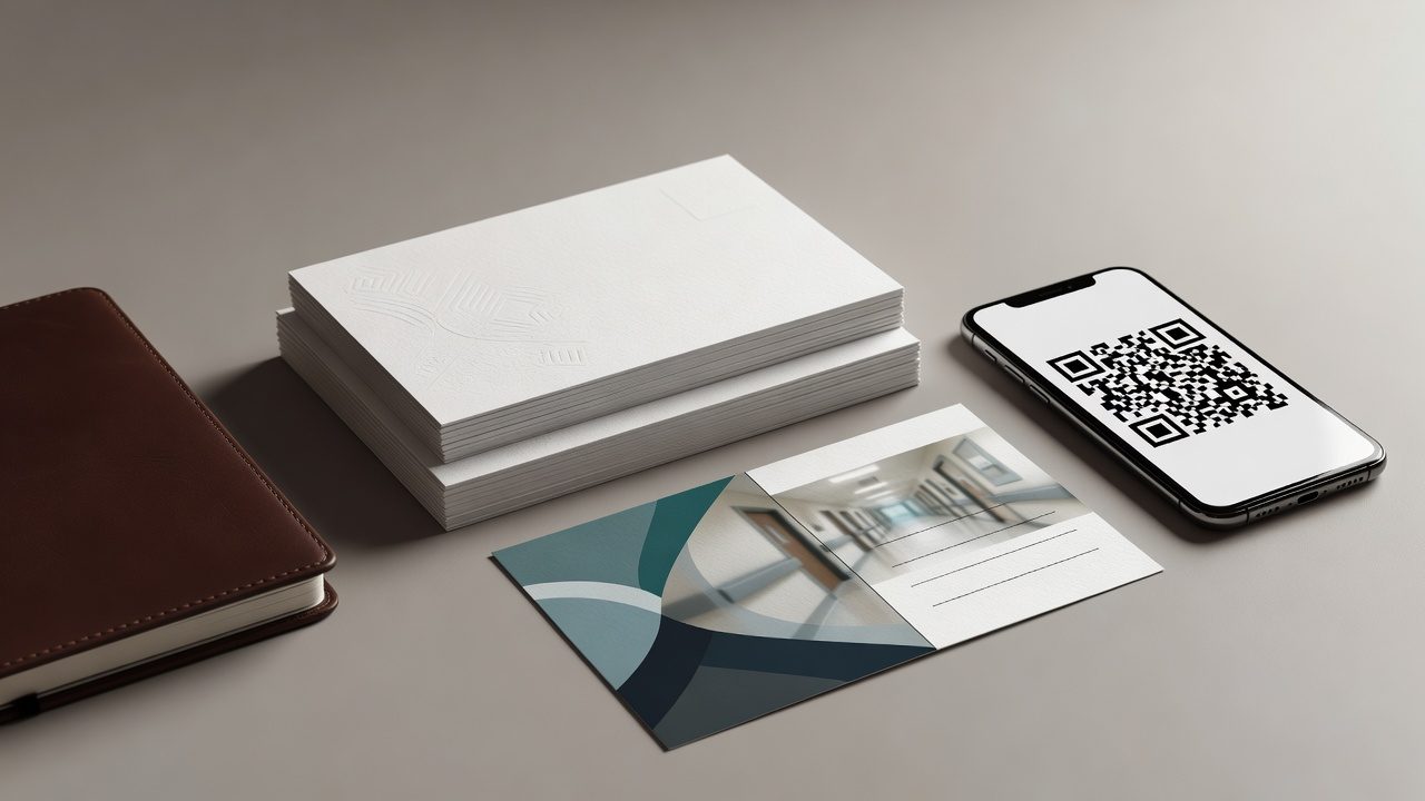 A smartphone displaying a QR code lies beside blank cards, a printed postcard, and a brown notebook on a plain tabletop.