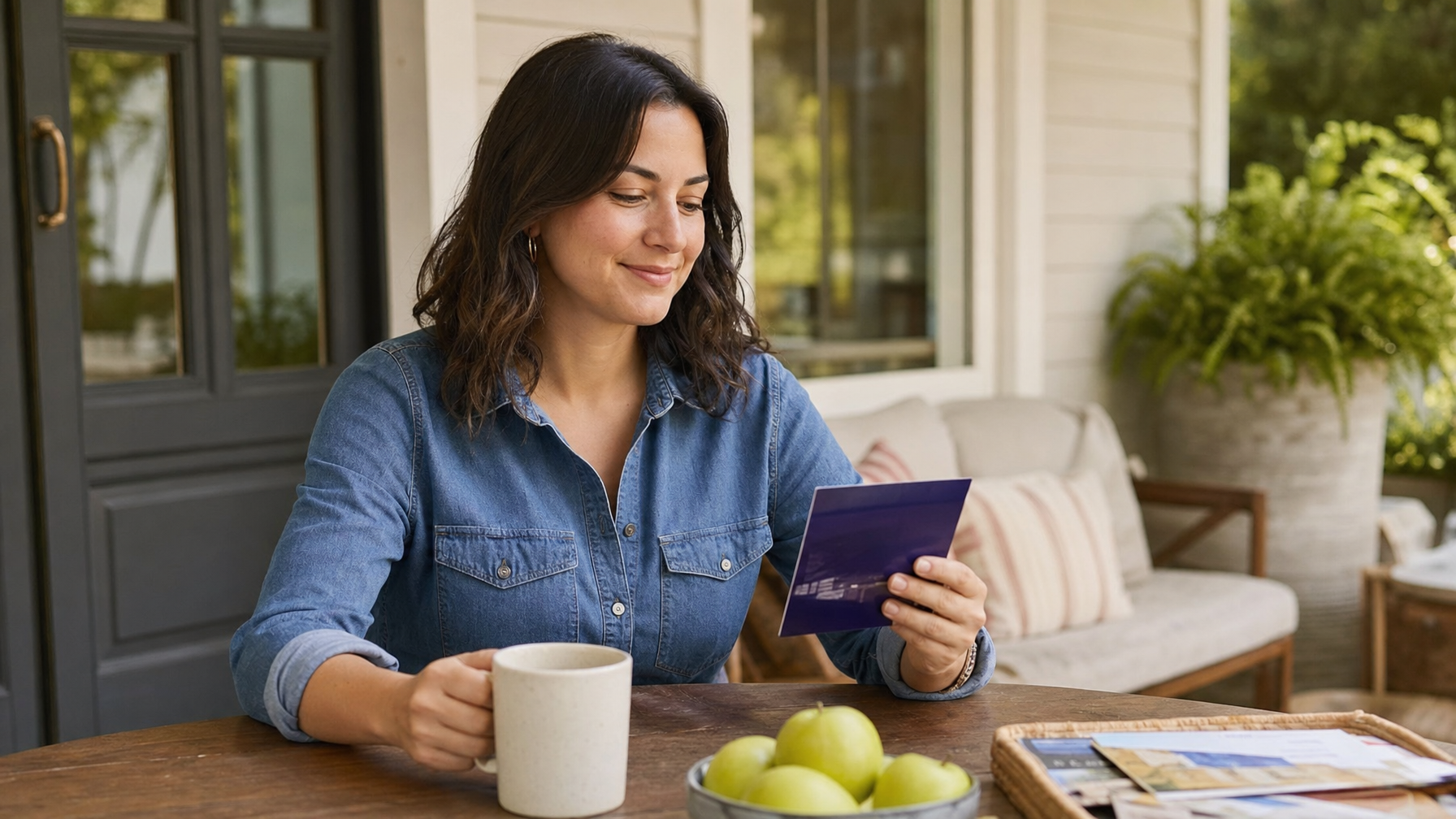 A woman sits at a table on a residential porch, holding a purple card and a mug beside a bowl of green apples.