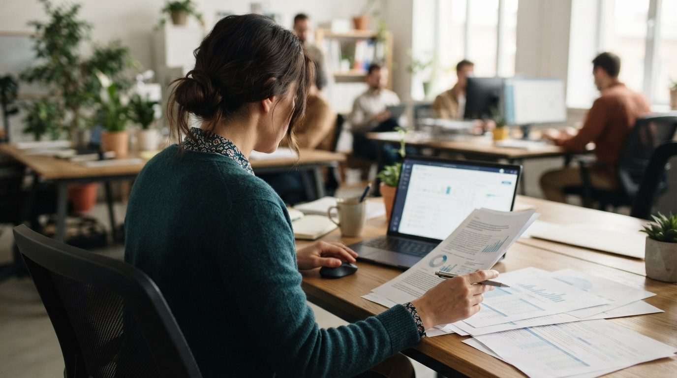 A person reviews printed documents beside an open laptop at a desk in a bright open plan office with several other people working in the background.