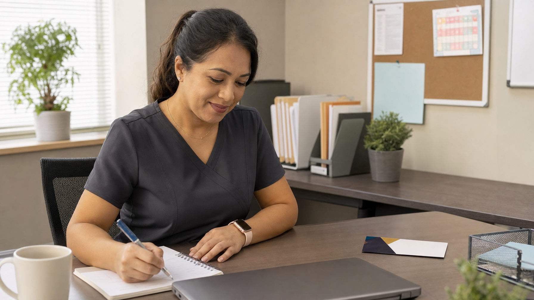 A woman in dark scrubs writes in a notebook at a desk with a laptop, coffee mug, folders, and a blank envelope in an office.