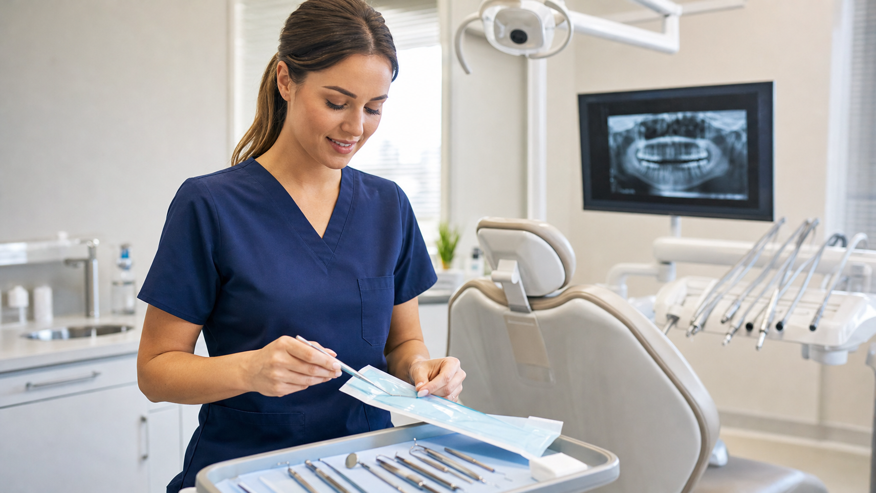 A dental hygienist in scrubs prepares instruments beside a dental chair in a bright clinic.