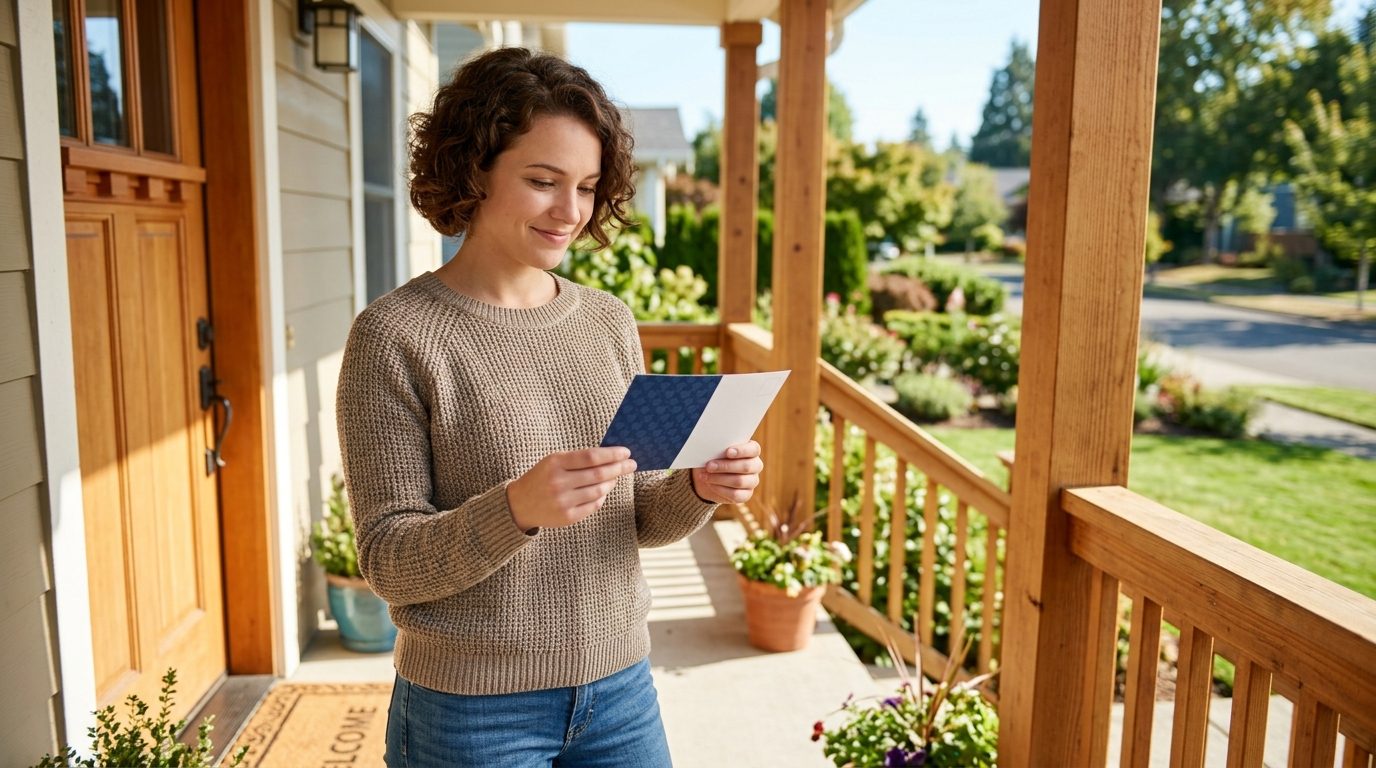 A person looks at a patterned card while standing on a wooden front porch outside a house.