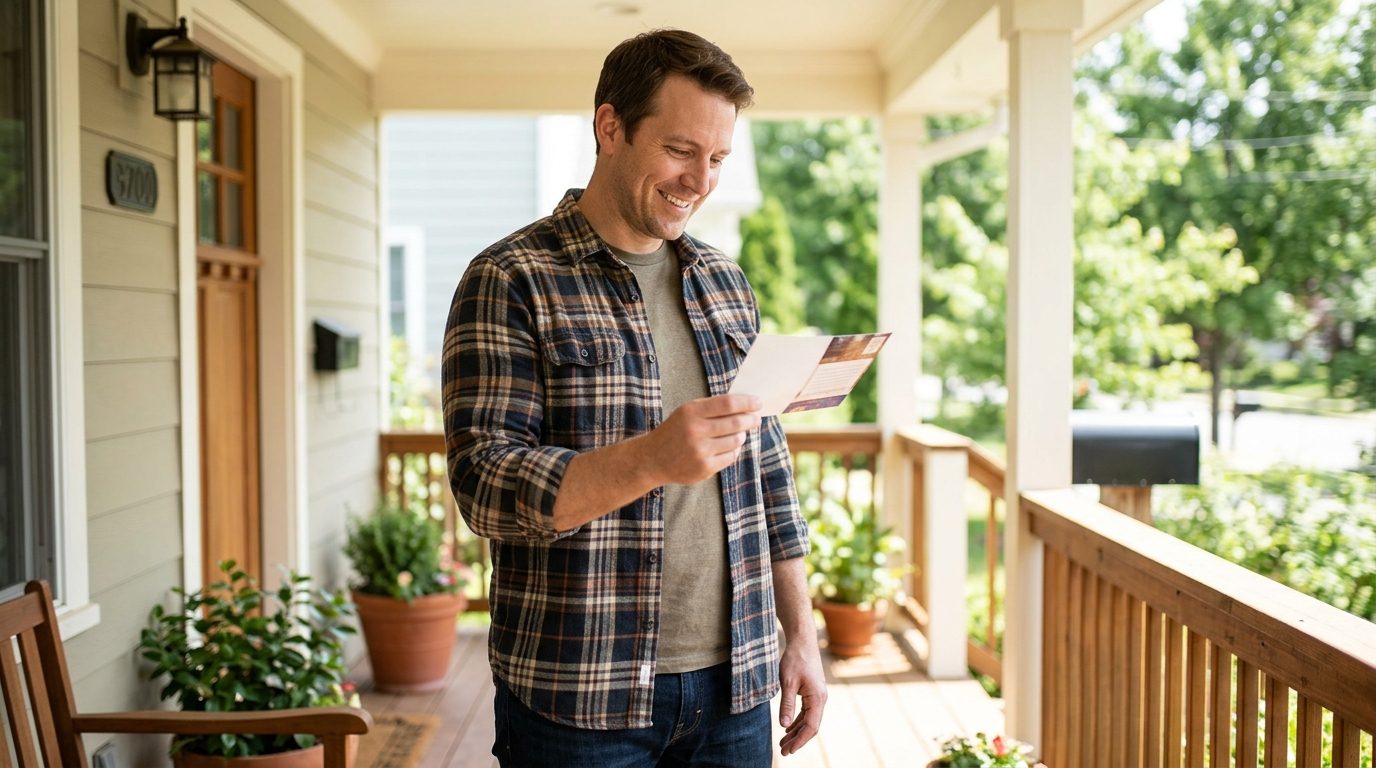 A man reads a printed flyer while standing on a sunny residential porch.