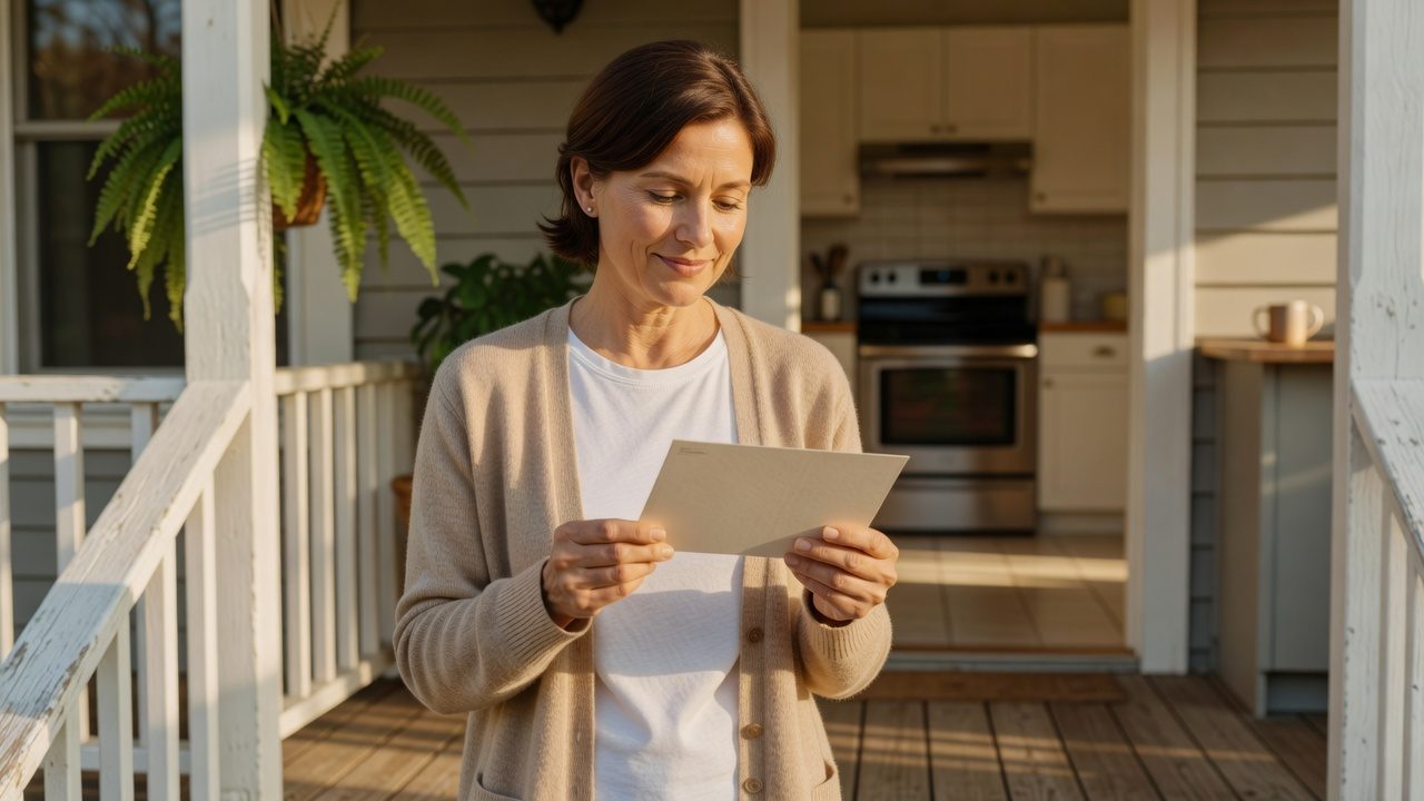 A person holds and reads a sheet of paper on the sunlit porch of a house.