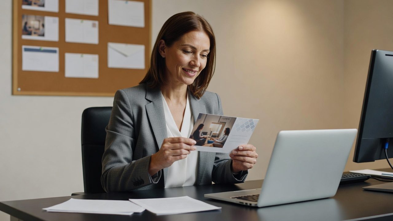 A woman in business attire holds a brochure while seated at a desk with a laptop and monitor in an office.