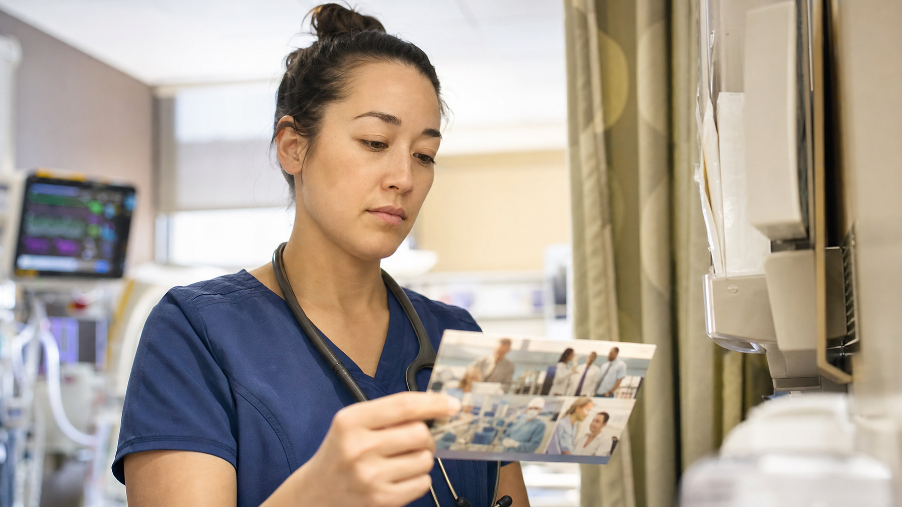 A healthcare worker in blue scrubs and a stethoscope reads a brochure beside medical equipment in a hospital room.