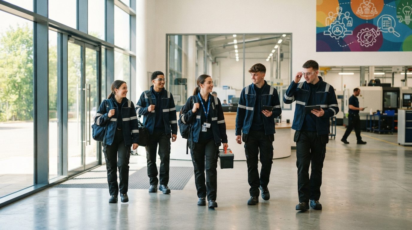 A group of people in matching workwear walk through a bright industrial facility, carrying backpacks, tablets, and a toolbox.