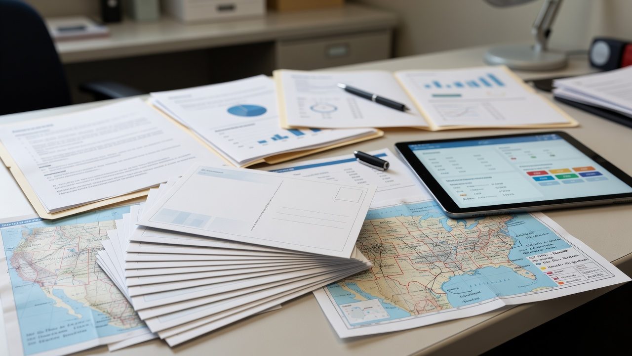 A desk holds stacks of mailers, maps, reports with charts, pens, and a tablet displaying a dashboard.