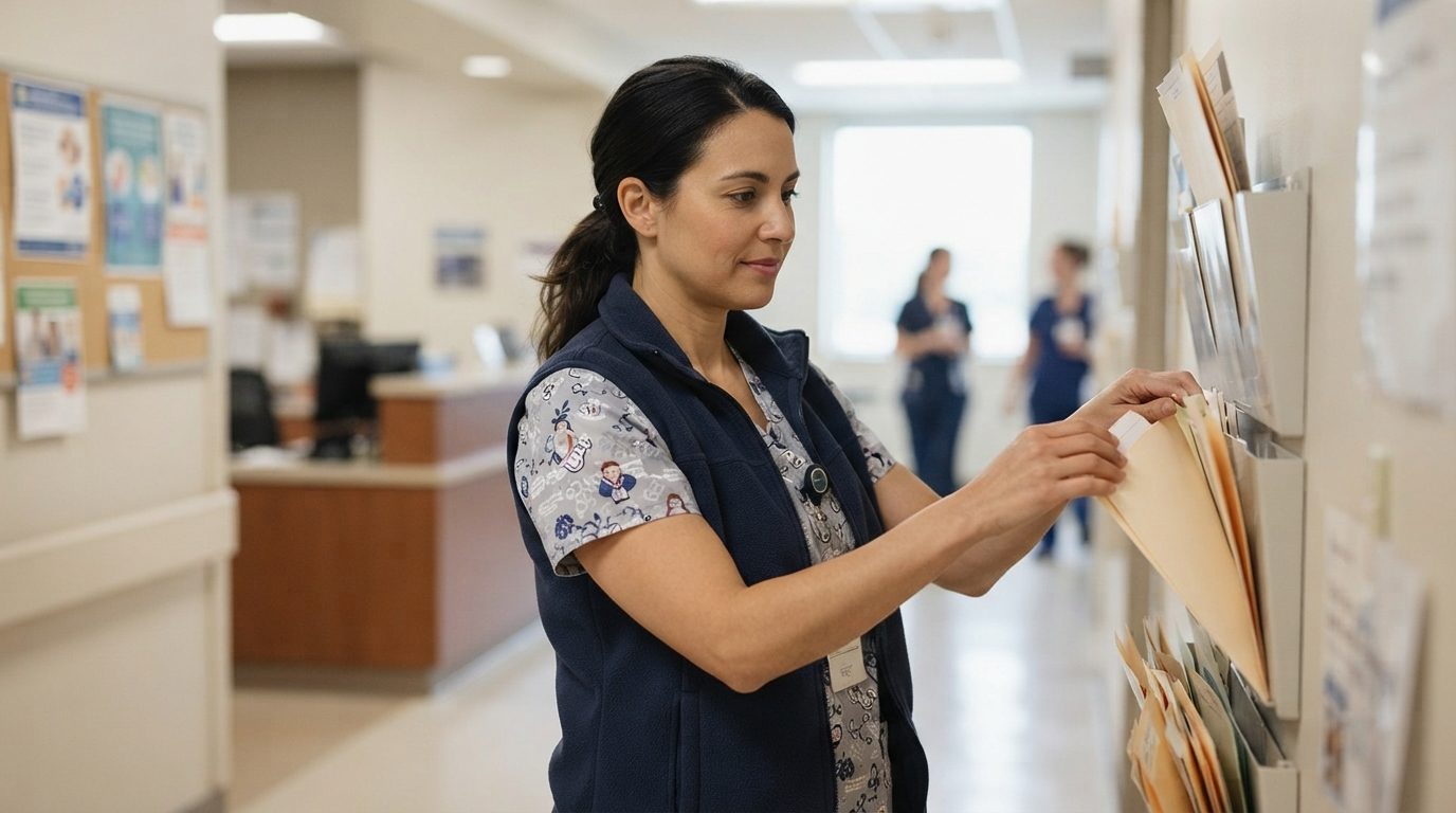A healthcare worker in patterned scrubs and a dark vest files folders in a hospital corridor, with two blurred people in the background.