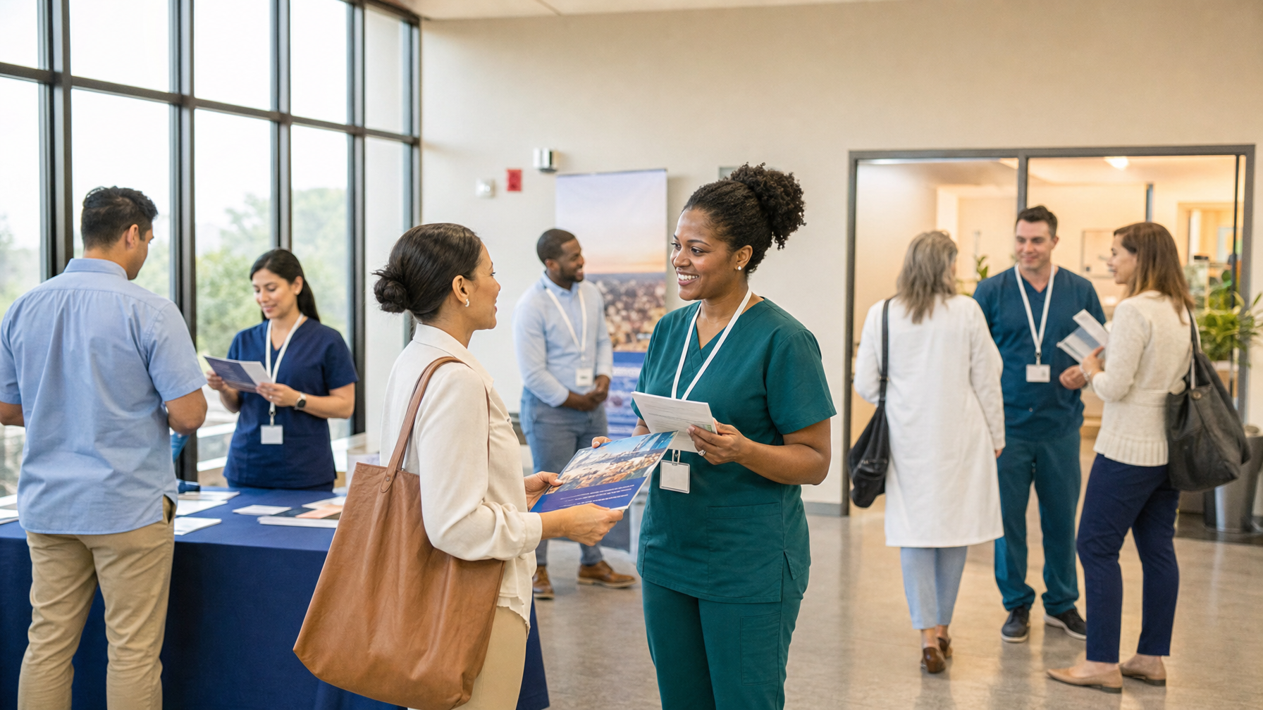 People in medical scrubs and business clothing talk and exchange brochures at a healthcare networking or hiring event in a bright lobby.