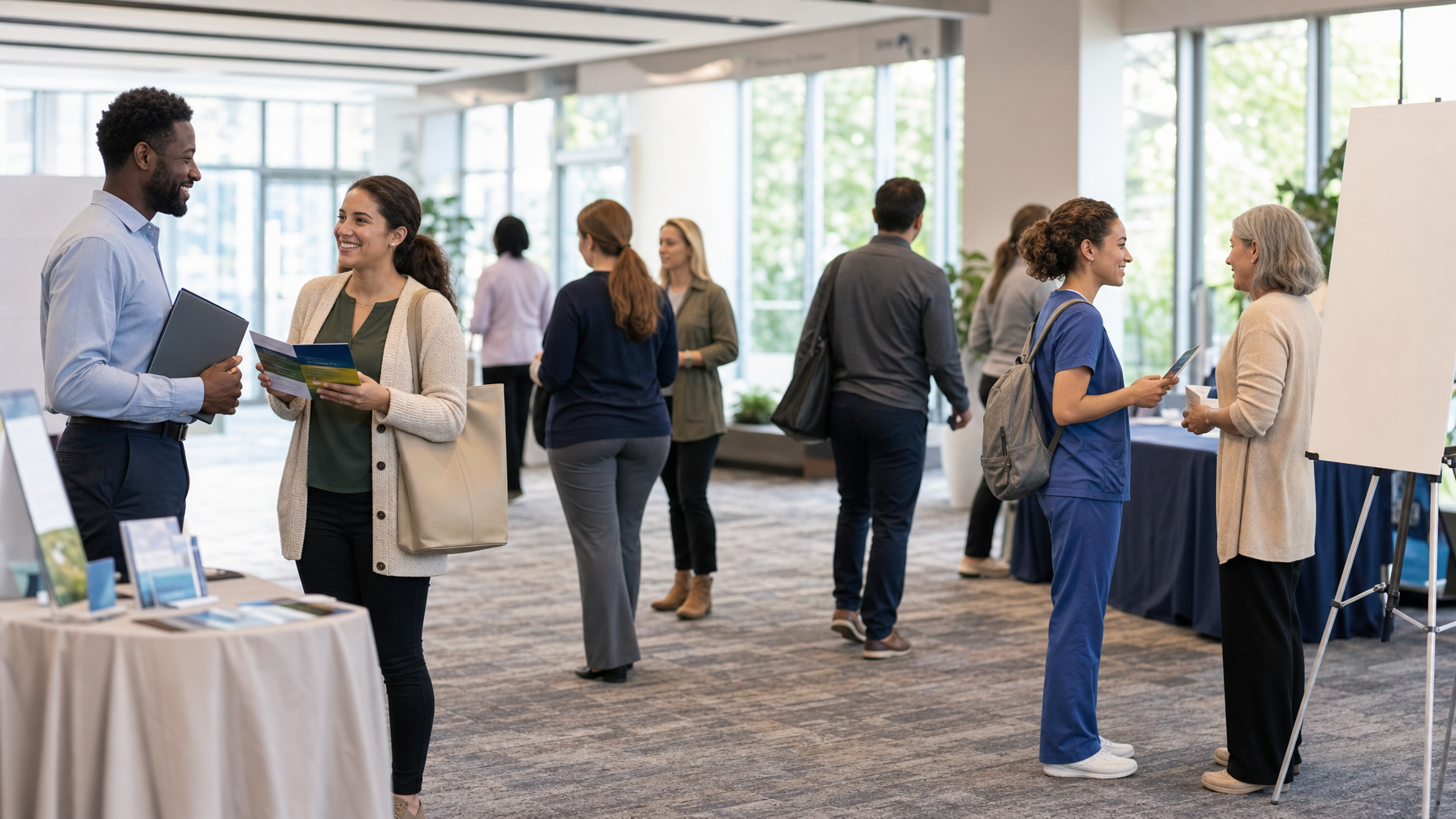 People converse and exchange brochures at a professional event in a bright conference hall with display tables and a blank presentation board.