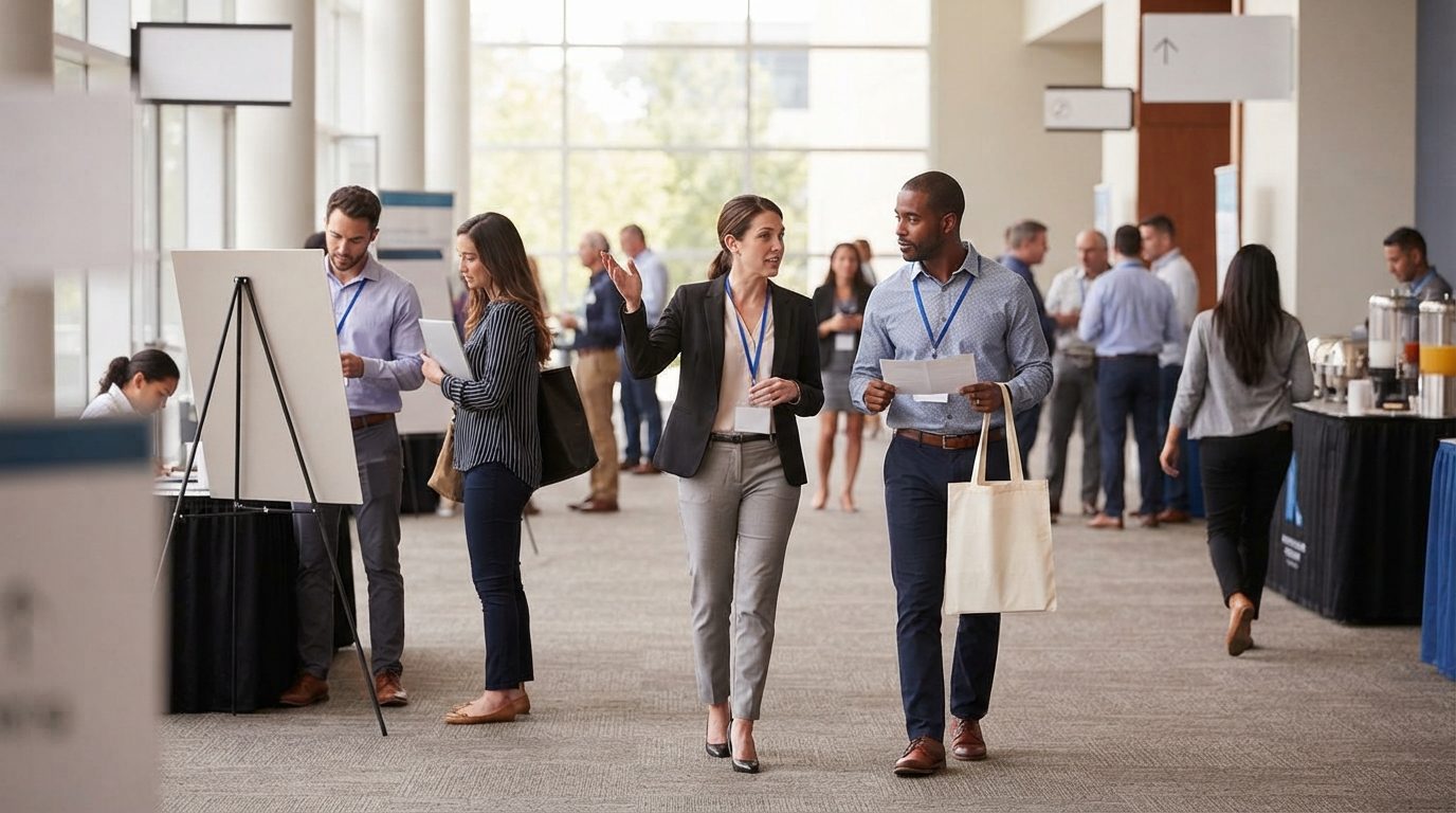 People wearing lanyards walk and talk in a bright event hall with display boards, directional signs, and refreshment tables.