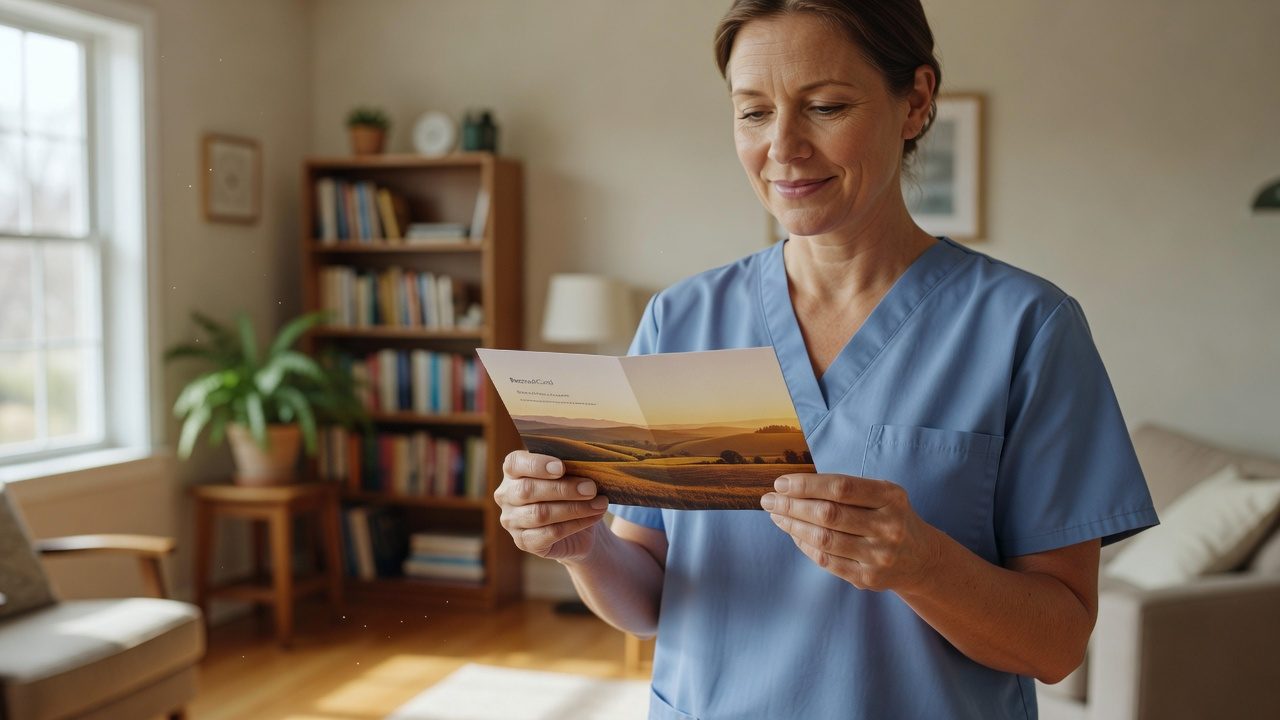 A person in blue medical scrubs reads a landscape brochure in a sunlit, home-like room with a bookcase, plants, and a sofa.