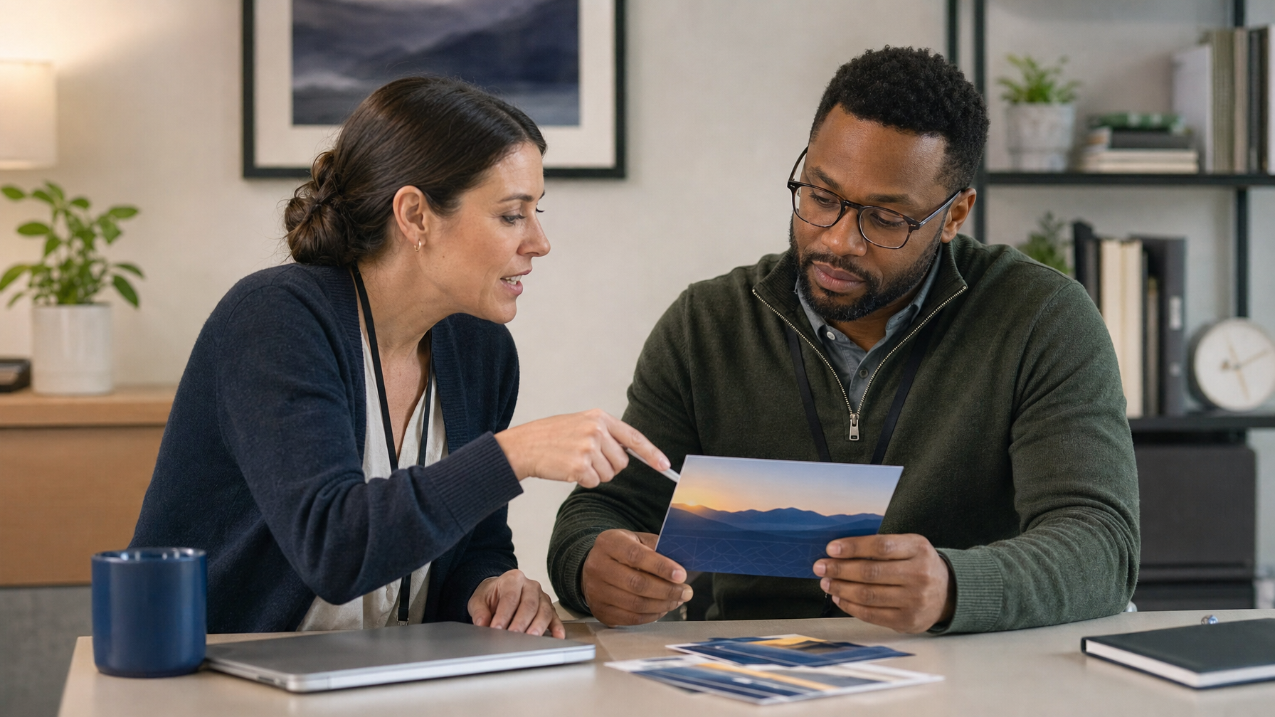 Two colleagues review a brochure at a table in an office, with one pointing to the page.