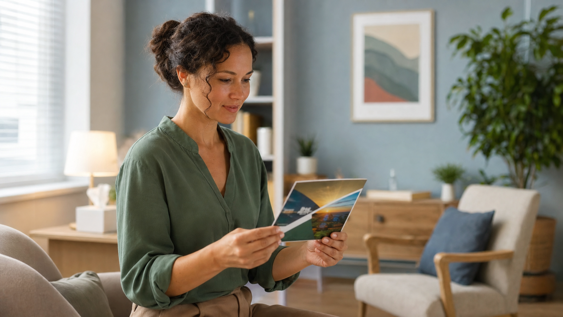A woman sits in a furnished living room and reads an illustrated brochure.