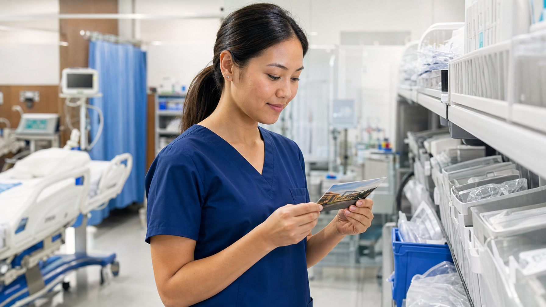 A healthcare worker in blue scrubs examines a brochure beside medical supply shelves in a hospital room, with a bed and monitoring equipment in the background.