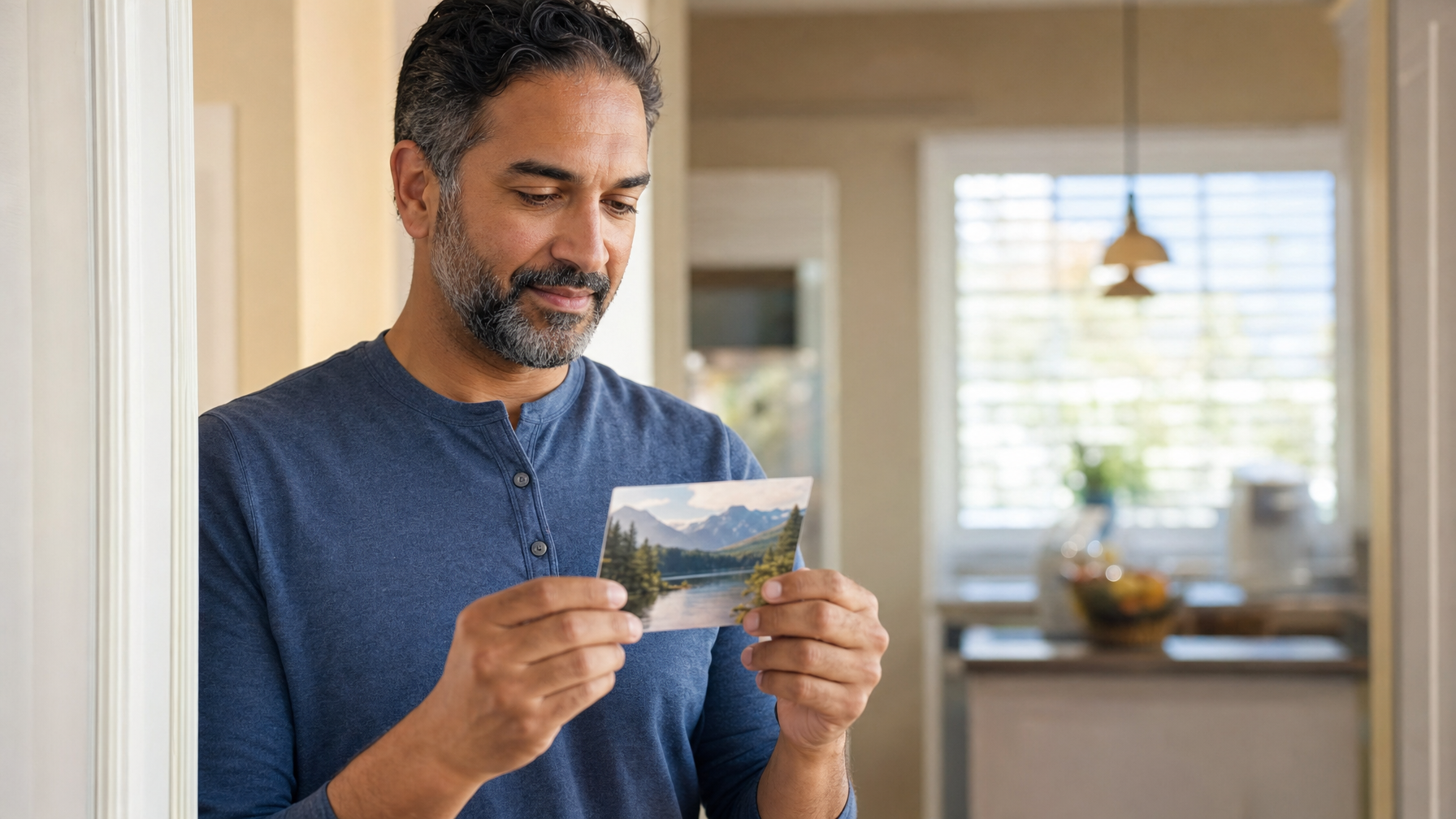A person looks at a landscape postcard while standing in a home doorway, with a kitchen visible behind.