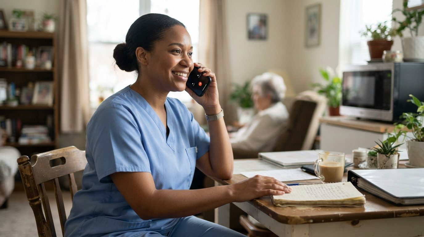 A caregiver in blue scrubs smiles while talking on a smartphone at a table in a home, with another person seated in the background.