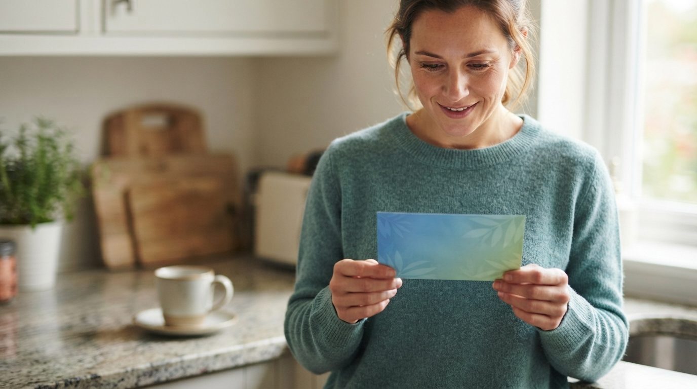 A woman smiles while holding a blank blue envelope in a bright home kitchen.