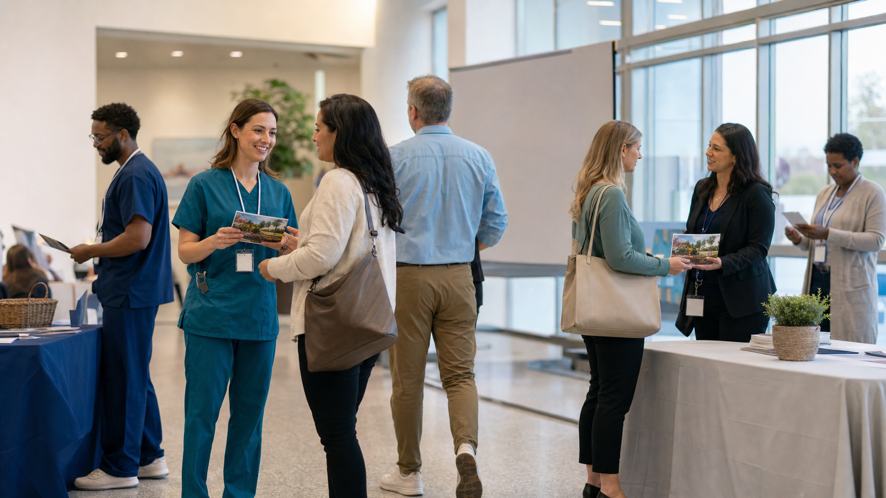 People, including two wearing medical scrubs, converse and exchange brochures at tables in a bright lobby or event hall.