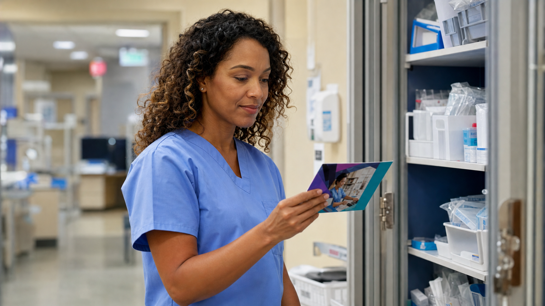 A healthcare worker in blue scrubs reads a brochure beside an open medical-supply cabinet in a clinical corridor.