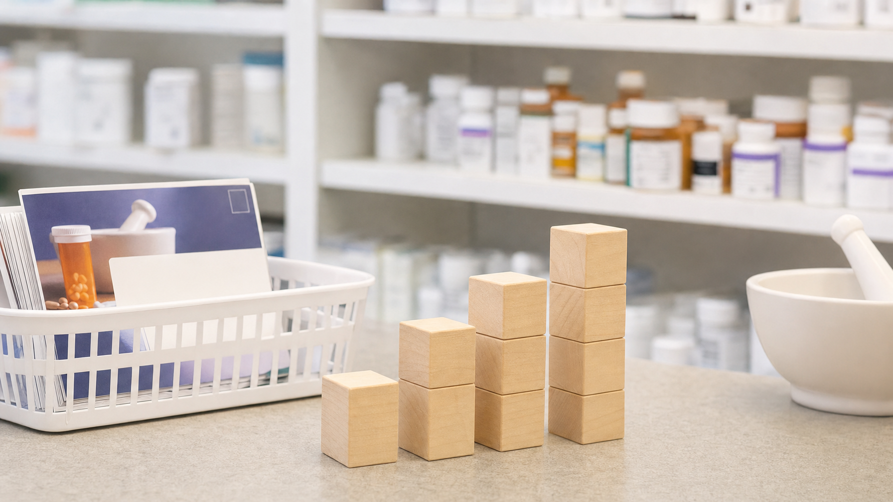 Wooden blocks form an ascending staircase beside a basket of pill bottles and a mortar and pestle on a pharmacy counter.