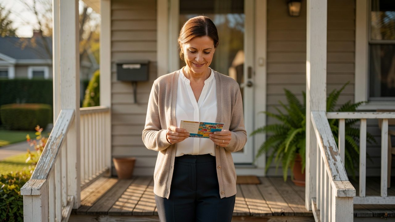 A woman stands on a residential front porch, looking at a colorful postcard held in both hands.