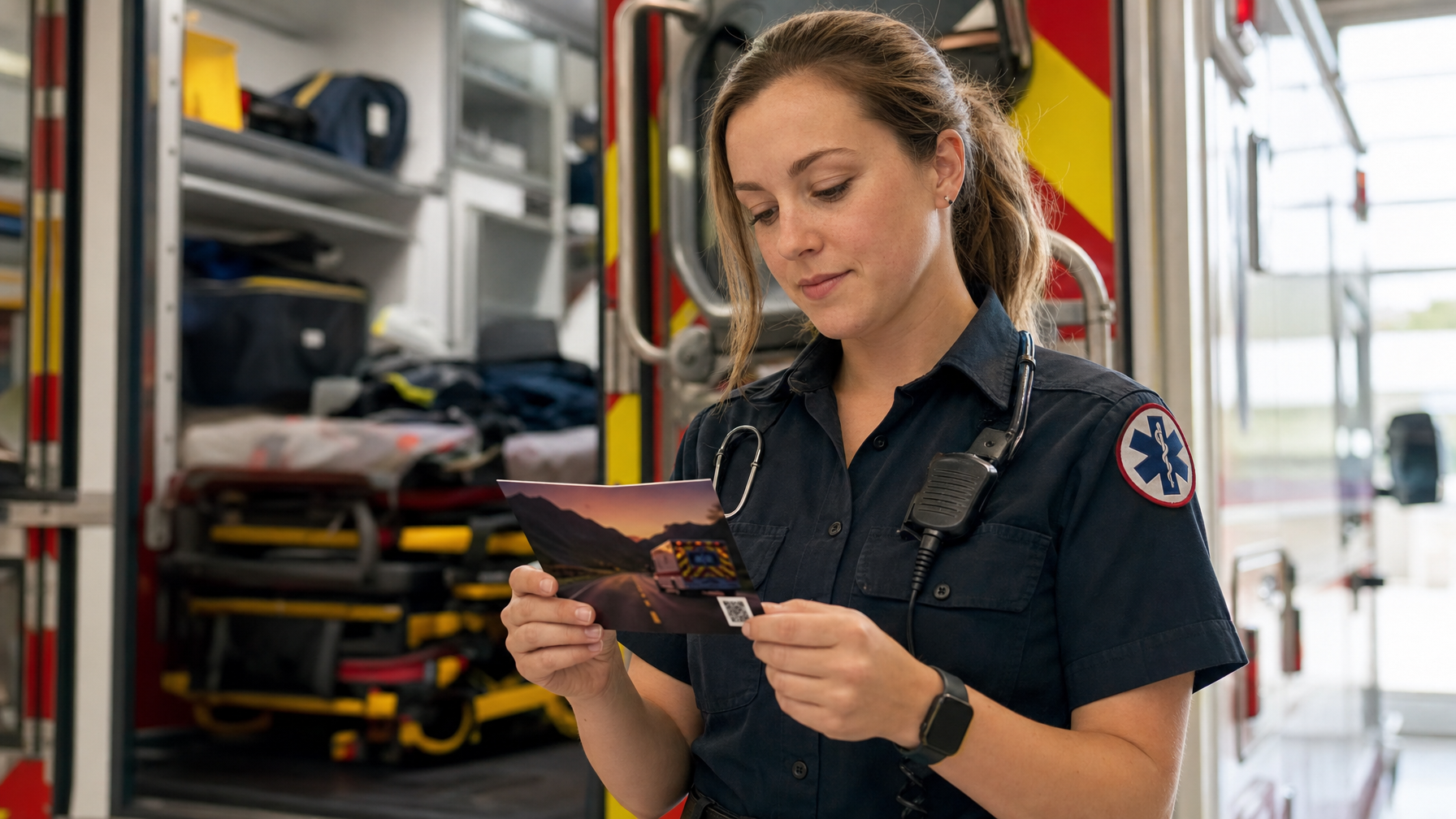 An EMS worker reads a postcard while standing beside an open ambulance stocked with medical equipment.