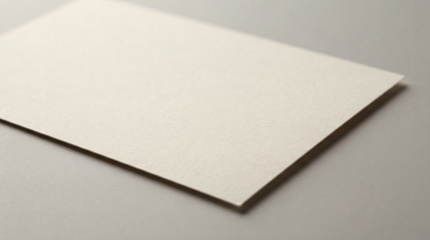 A blank off-white postcard lies diagonally on a gray tabletop, casting a soft shadow.