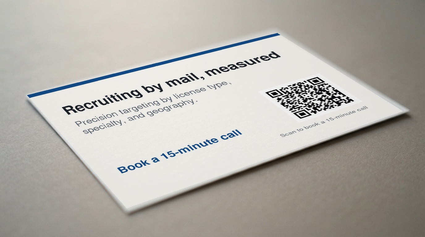 A printed postcard with blue accents and a QR code rests on a gray surface, with promotional text and a call-to-action inviting the reader to book a 15-minute call.