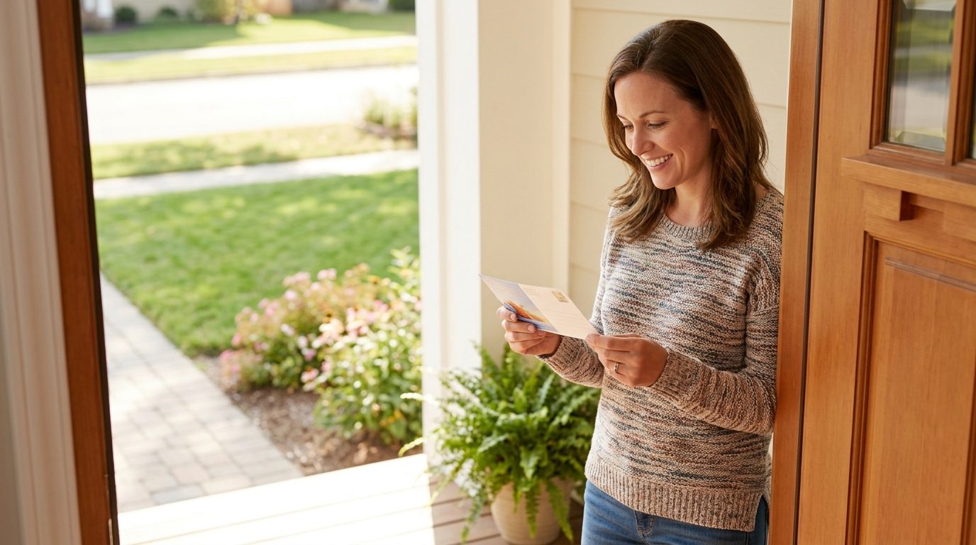 A woman stands in an open doorway reading a postcard or mailer, with a front path, lawn, and flower beds outside.