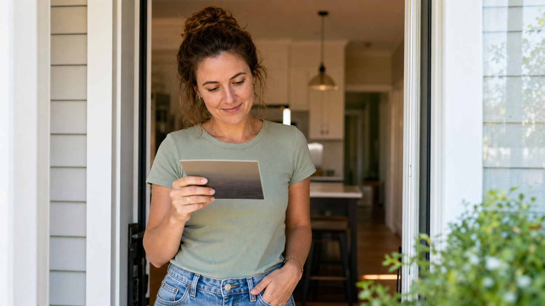 A person stands in an open doorway and reads a postcard, with a home interior behind them.