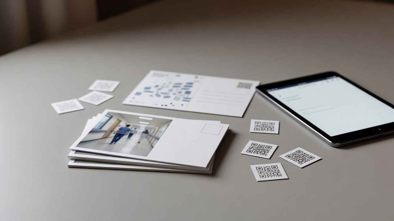 Printed mailers and QR-code cards lie beside a tablet on a tabletop; one mailer shows a blurred photo of people in a corridor.